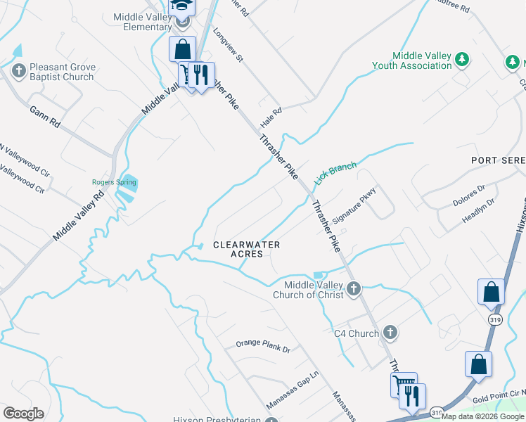 map of restaurants, bars, coffee shops, grocery stores, and more near 1196 Jackson Mill Drive in Middle Valley