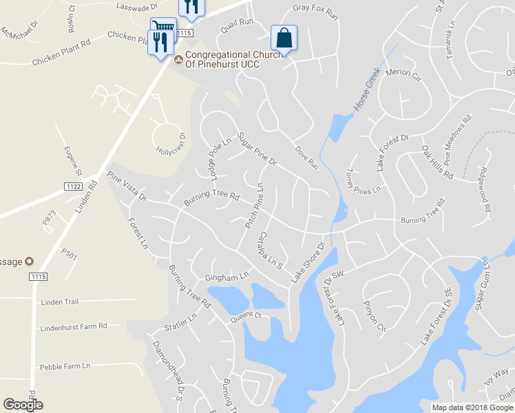 map of restaurants, bars, coffee shops, grocery stores, and more near 552 Burning Tree Road in Pinehurst