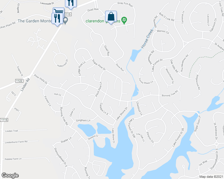 map of restaurants, bars, coffee shops, grocery stores, and more near 11 Grayson Lane in Pinehurst