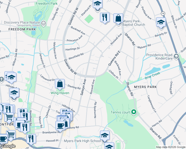 map of restaurants, bars, coffee shops, grocery stores, and more near in Charlotte