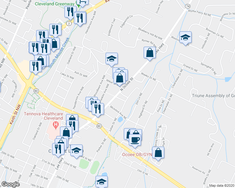 map of restaurants, bars, coffee shops, grocery stores, and more near North Ocoee Street in Cleveland
