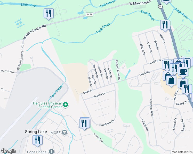 map of restaurants, bars, coffee shops, grocery stores, and more near 1301-1399 Kenneth Drive in Spring Lake