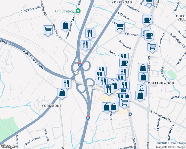 map of restaurants, bars, coffee shops, grocery stores, and more near 212 West Woodlawn Road in Charlotte