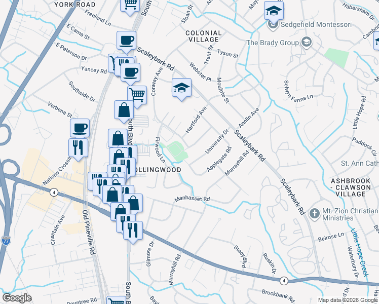 map of restaurants, bars, coffee shops, grocery stores, and more near 4510 Applegate Road in Charlotte