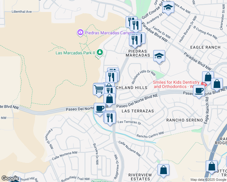 map of restaurants, bars, coffee shops, grocery stores, and more near 8601 Golf Course Road Northwest in Albuquerque
