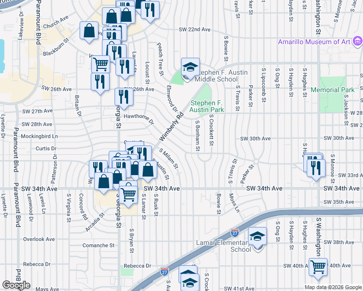 map of restaurants, bars, coffee shops, grocery stores, and more near 3200 Hawthorne Drive in Amarillo