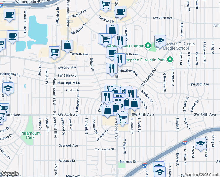 map of restaurants, bars, coffee shops, grocery stores, and more near 3110 Georgia Street South in Amarillo