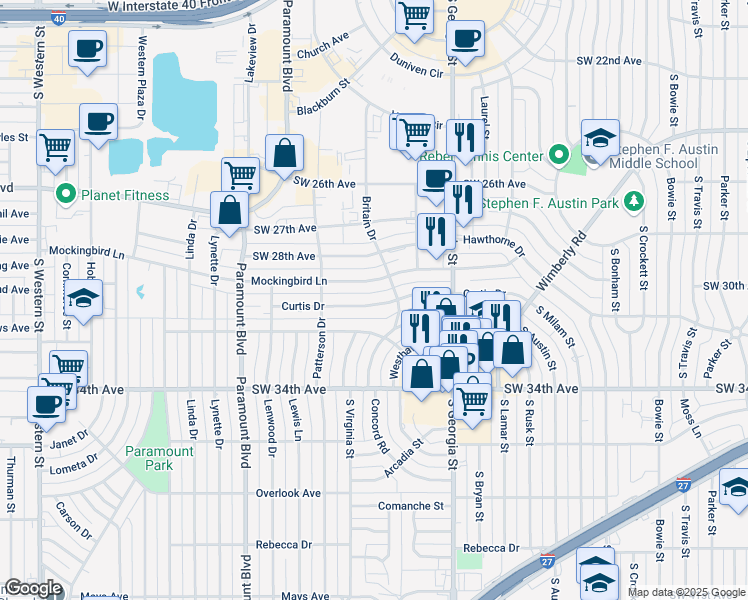 map of restaurants, bars, coffee shops, grocery stores, and more near 3007 Curtis Drive in Amarillo