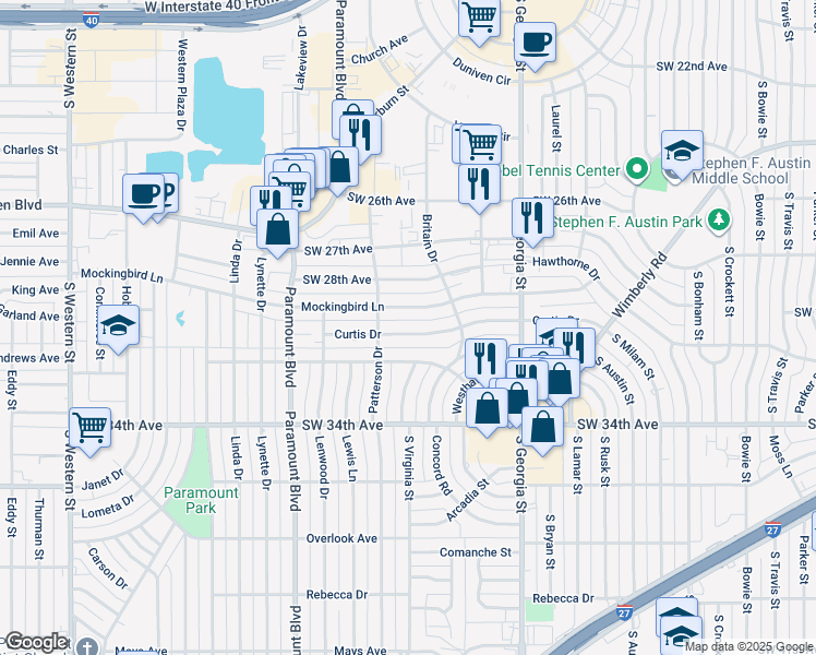 map of restaurants, bars, coffee shops, grocery stores, and more near 3019 Curtis Drive in Amarillo