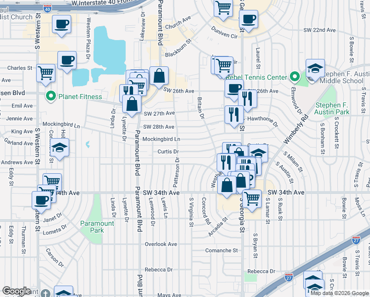map of restaurants, bars, coffee shops, grocery stores, and more near 3019 Curtis Drive in Amarillo