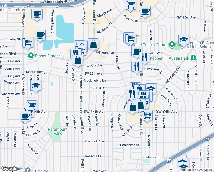 map of restaurants, bars, coffee shops, grocery stores, and more near 3019 Curtis Drive in Amarillo
