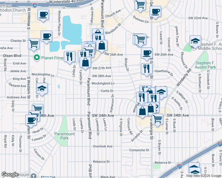 map of restaurants, bars, coffee shops, grocery stores, and more near 3105 Curtis Drive in Amarillo