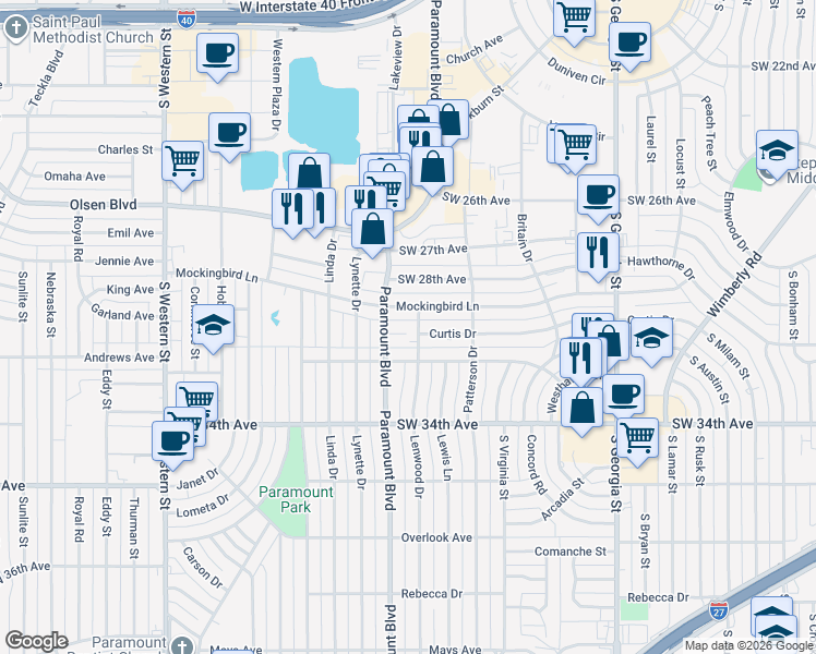 map of restaurants, bars, coffee shops, grocery stores, and more near 3115 Curtis Drive in Amarillo