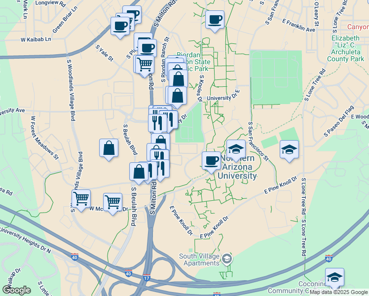 map of restaurants, bars, coffee shops, grocery stores, and more near 1830 South Milton Road in Flagstaff
