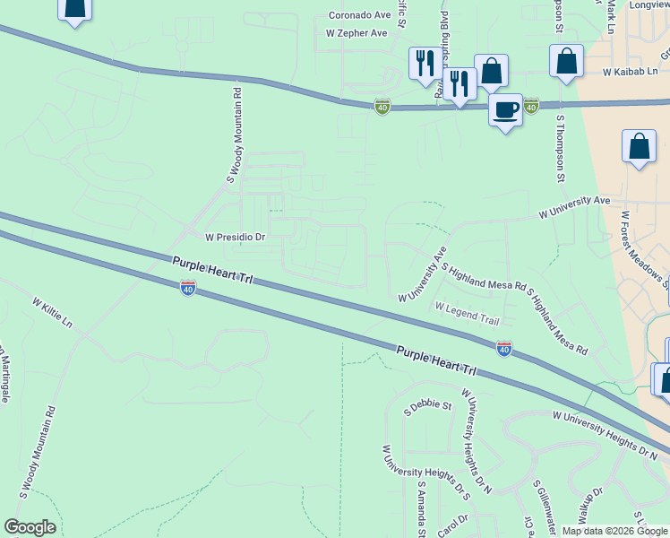 map of restaurants, bars, coffee shops, grocery stores, and more near 2900 South Pantano Seco Lane in Flagstaff