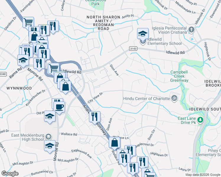 map of restaurants, bars, coffee shops, grocery stores, and more near in Charlotte