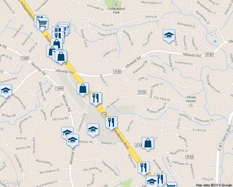 map of restaurants, bars, coffee shops, grocery stores, and more near 5737 Electra Lane in Charlotte