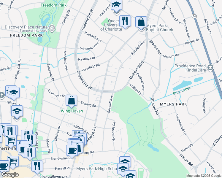 map of restaurants, bars, coffee shops, grocery stores, and more near in Charlotte