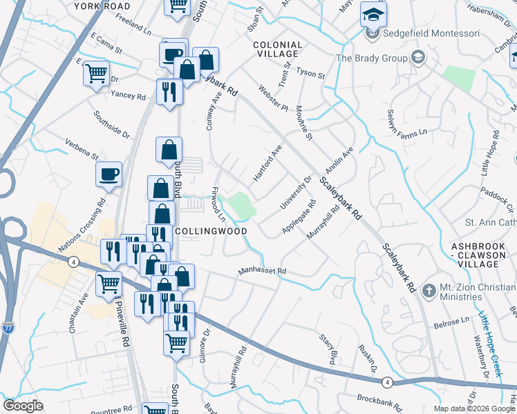 map of restaurants, bars, coffee shops, grocery stores, and more near 4510 Applegate Road in Charlotte