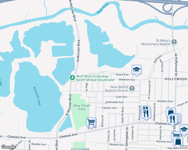 map of restaurants, bars, coffee shops, grocery stores, and more near 1627 Harmen Street in Memphis