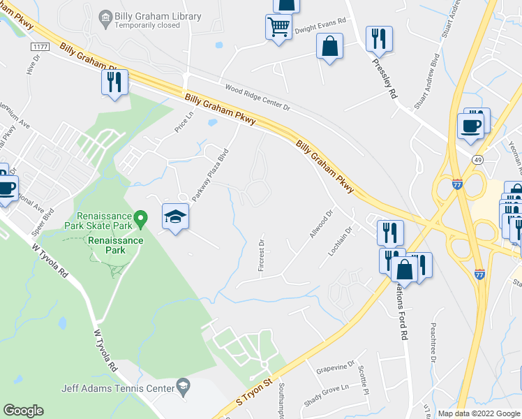 map of restaurants, bars, coffee shops, grocery stores, and more near 1035 Yorkmont Ridge Lane in Charlotte