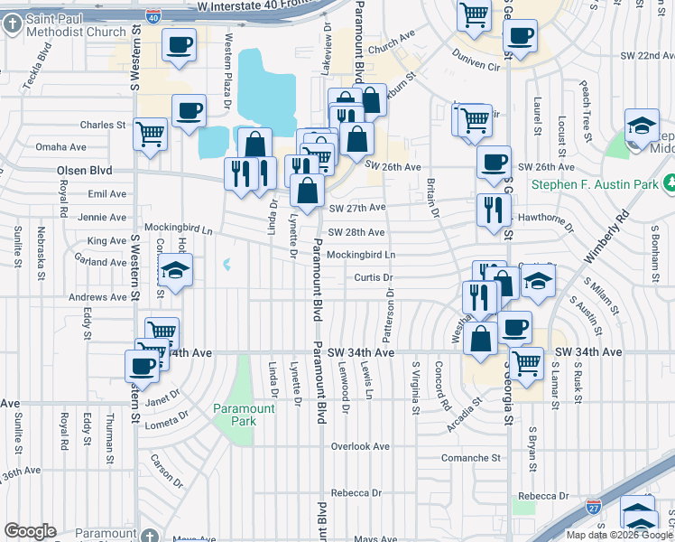 map of restaurants, bars, coffee shops, grocery stores, and more near 3115 Curtis Drive in Amarillo