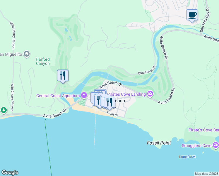 map of restaurants, bars, coffee shops, grocery stores, and more near 264 San Miguel Street in Avila Beach