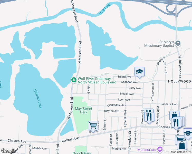 map of restaurants, bars, coffee shops, grocery stores, and more near 1627 Harmen Street in Memphis