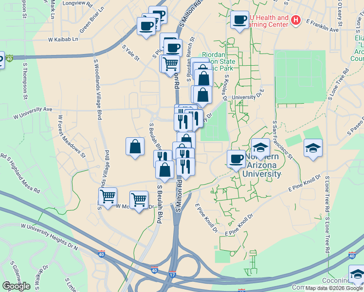 map of restaurants, bars, coffee shops, grocery stores, and more near 1862 South Milton Road in Flagstaff