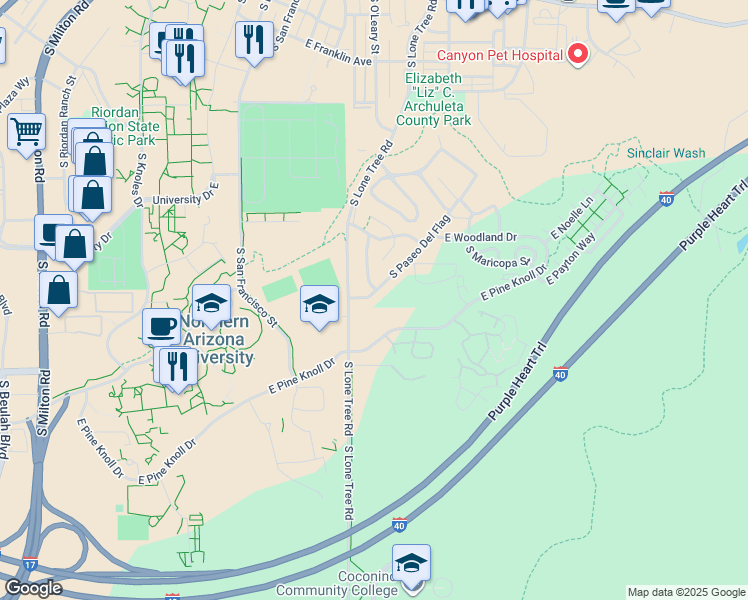 map of restaurants, bars, coffee shops, grocery stores, and more near 17 South Paseo Del Flag in Flagstaff