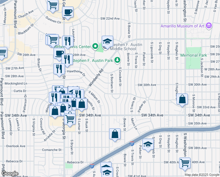 map of restaurants, bars, coffee shops, grocery stores, and more near 2810 South Bonham Street in Amarillo