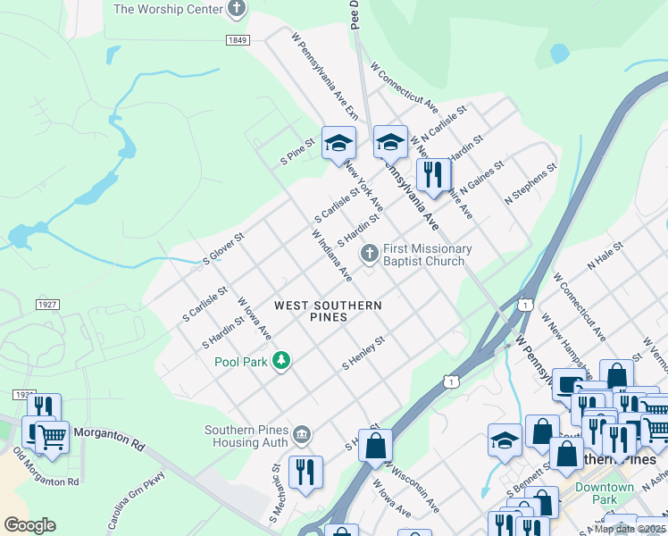 map of restaurants, bars, coffee shops, grocery stores, and more near 448 South Gaines Street in Southern Pines