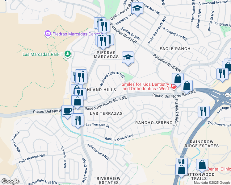 map of restaurants, bars, coffee shops, grocery stores, and more near 4227 Beacon Knoll Court Northwest in Albuquerque