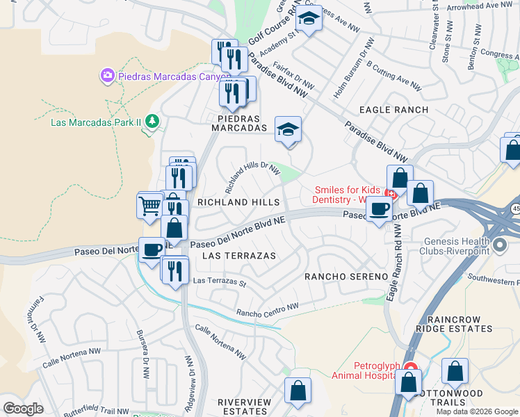 map of restaurants, bars, coffee shops, grocery stores, and more near 4227 Beacon Knoll Court Northwest in Albuquerque