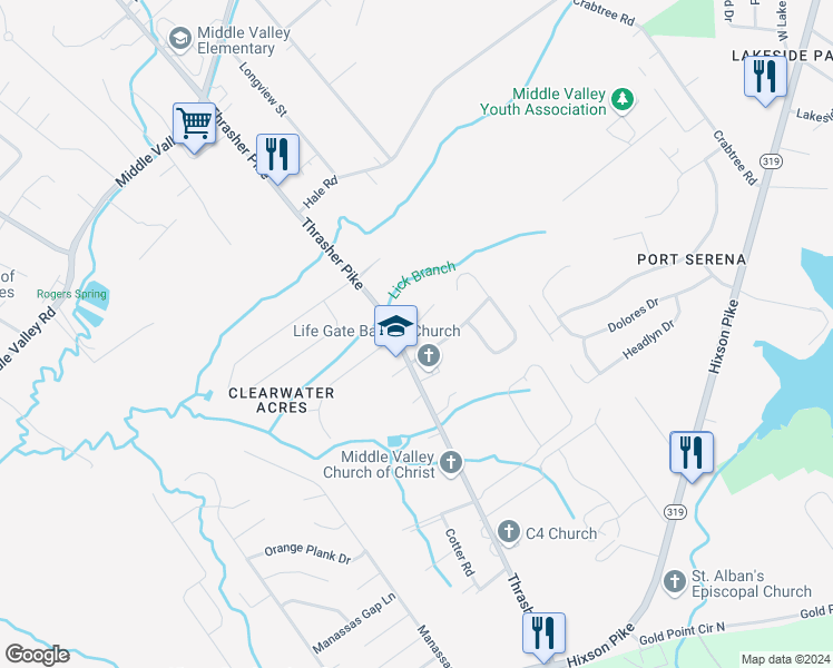 map of restaurants, bars, coffee shops, grocery stores, and more near 7723 Signature Parkway in Middle Valley
