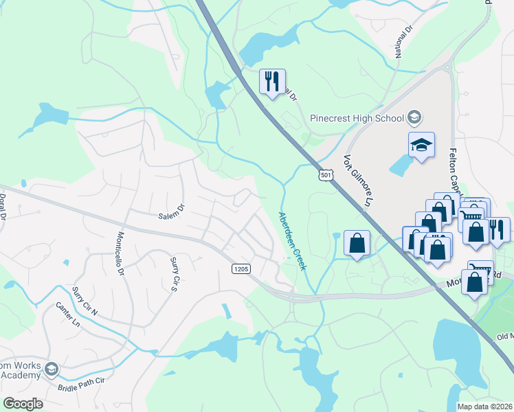 map of restaurants, bars, coffee shops, grocery stores, and more near 80 Shadow Creek Court in Pinehurst