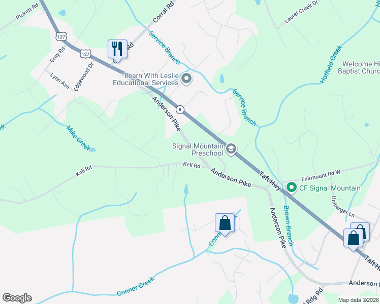 map of restaurants, bars, coffee shops, grocery stores, and more near 2513 Kell Road in Signal Mountain