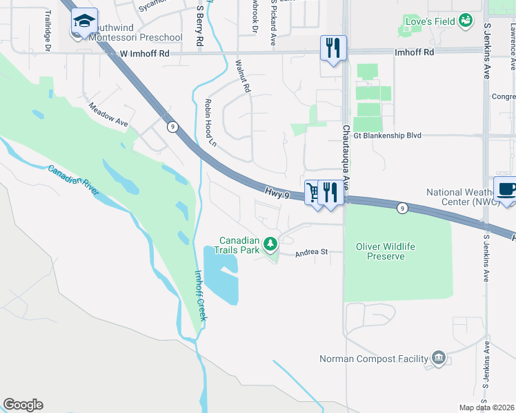 map of restaurants, bars, coffee shops, grocery stores, and more near 933 Heather Glen Drive in Norman