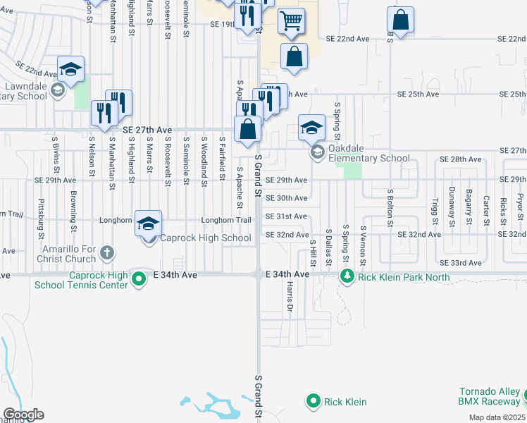 map of restaurants, bars, coffee shops, grocery stores, and more near 3606 Southeast 31st Avenue in Amarillo