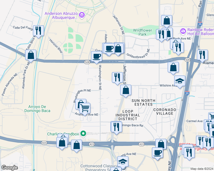 map of restaurants, bars, coffee shops, grocery stores, and more near 8440 Washington Street Northeast in Albuquerque