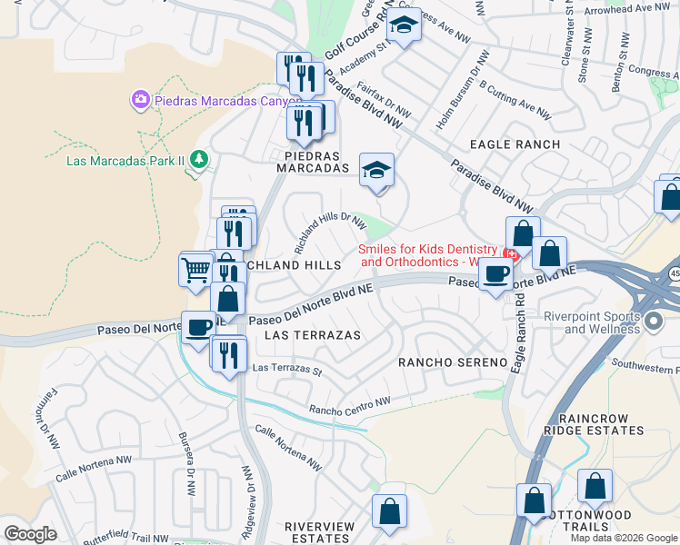 map of restaurants, bars, coffee shops, grocery stores, and more near 4227 Beacon Knoll Court Northwest in Albuquerque