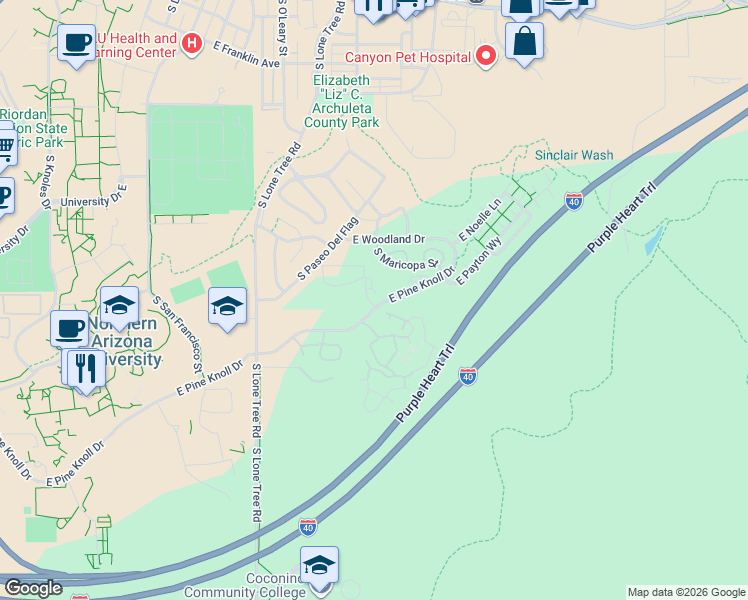map of restaurants, bars, coffee shops, grocery stores, and more near 937 East Pine Knoll Drive in Flagstaff