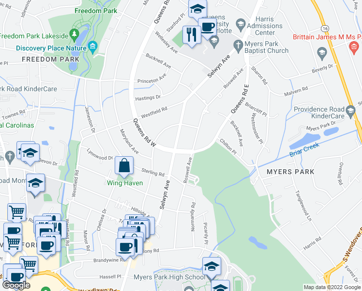 map of restaurants, bars, coffee shops, grocery stores, and more near in Charlotte