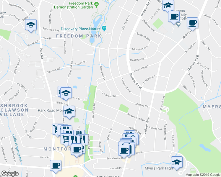 map of restaurants, bars, coffee shops, grocery stores, and more near 1837 Jameston Drive in Charlotte