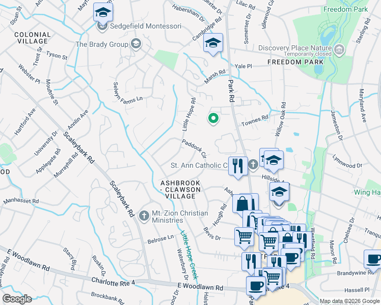 map of restaurants, bars, coffee shops, grocery stores, and more near 1320 Ashbrook Place in Charlotte
