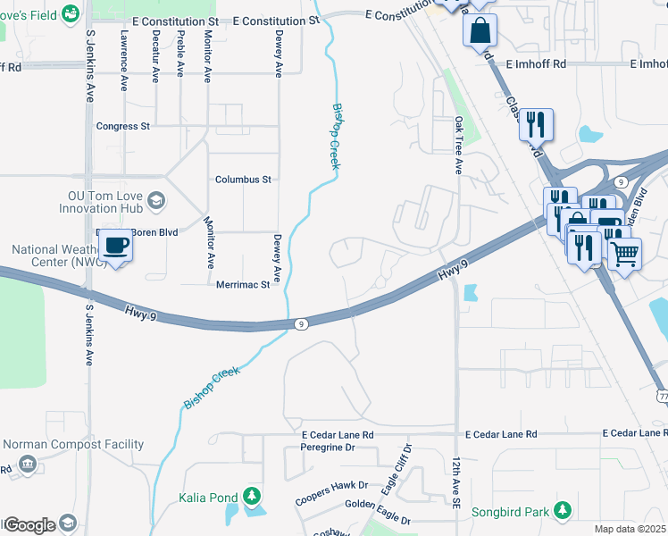map of restaurants, bars, coffee shops, grocery stores, and more near 3220 Marshall Avenue in Norman
