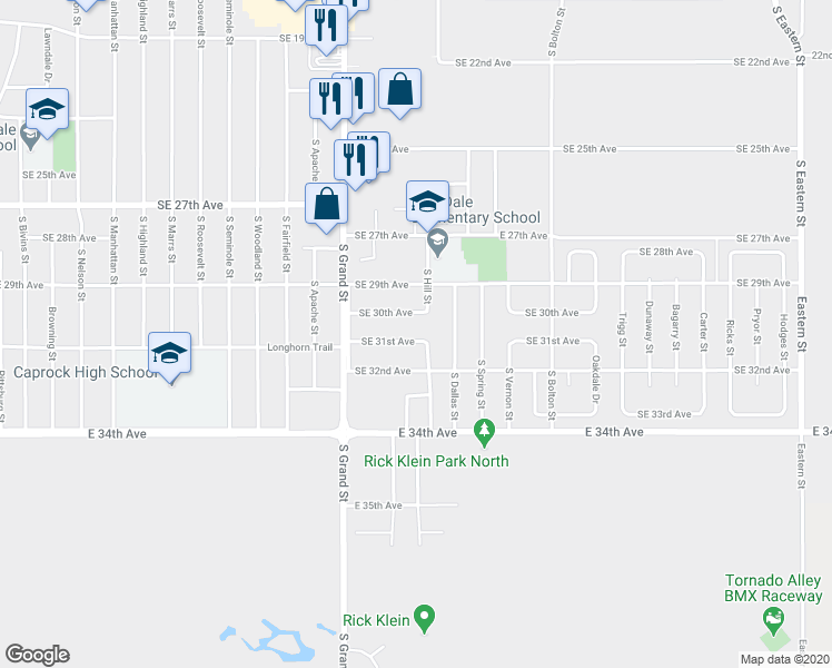 map of restaurants, bars, coffee shops, grocery stores, and more near 3625 Southeast 31st Avenue in Amarillo