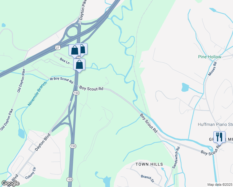 map of restaurants, bars, coffee shops, grocery stores, and more near 721 Boy Scout Road in Chattanooga