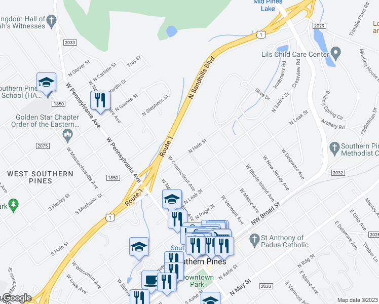 map of restaurants, bars, coffee shops, grocery stores, and more near 598 West Vermont Avenue in Southern Pines