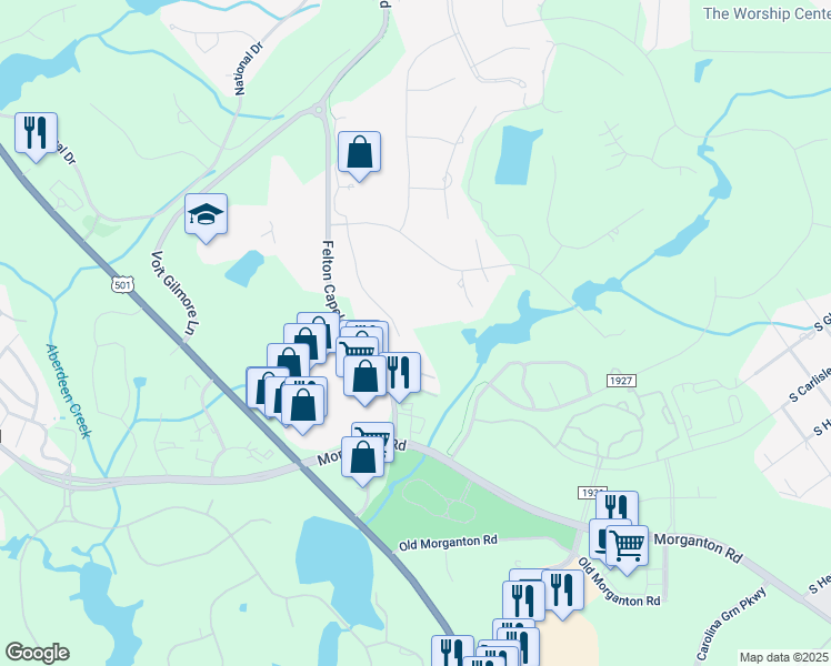 map of restaurants, bars, coffee shops, grocery stores, and more near 255 Kings Ridge Court in Southern Pines